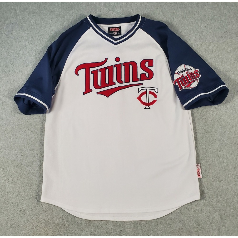 Stitches Minnesota Twins MLB Baseball Jersey Mens Medium White Navy V-Neck Mesh